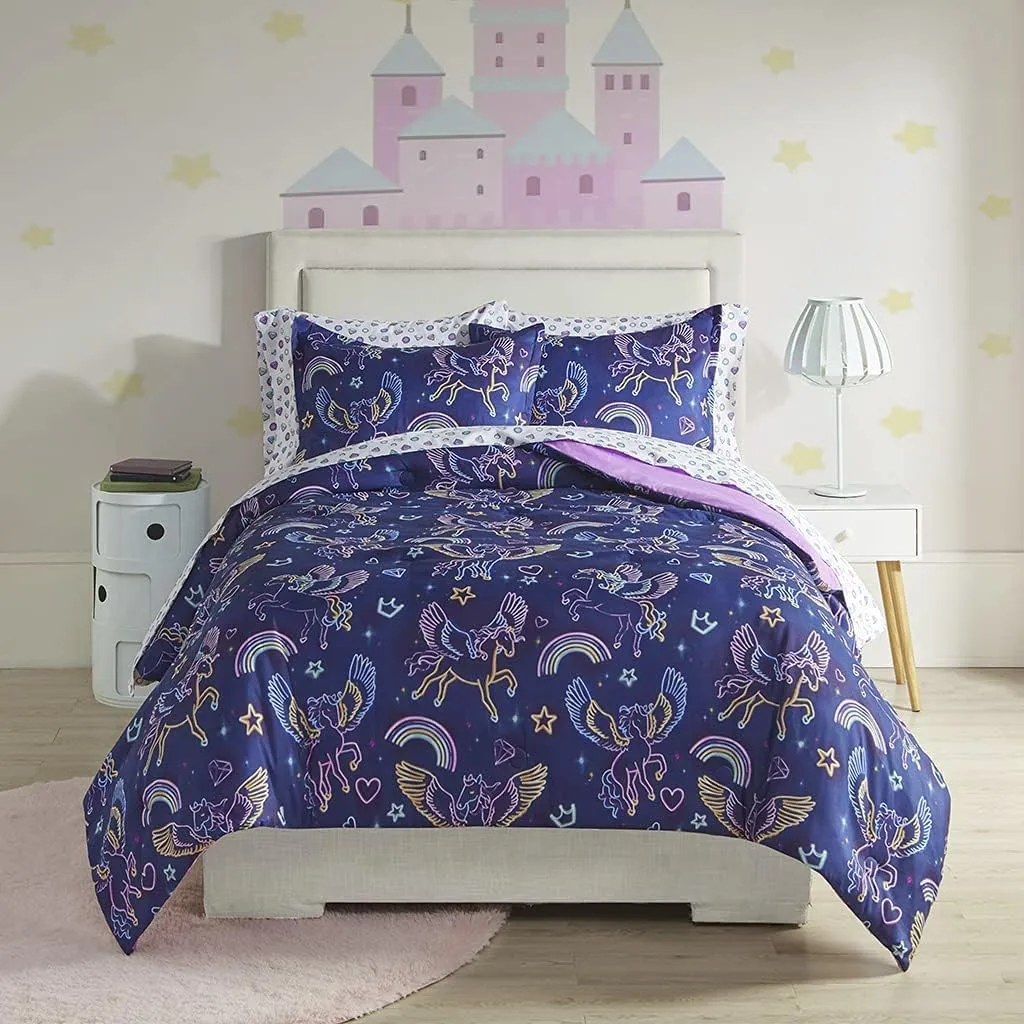 Mi Zone Kids Leah Bed in a Bag Comforter Set Rainbow Pegasus in Space Fantasy Room Décor, All Season, Hypoallergenic, Cozy Cover with Printed Sheet, Matching Sham, Twin, Blue 5 Piece