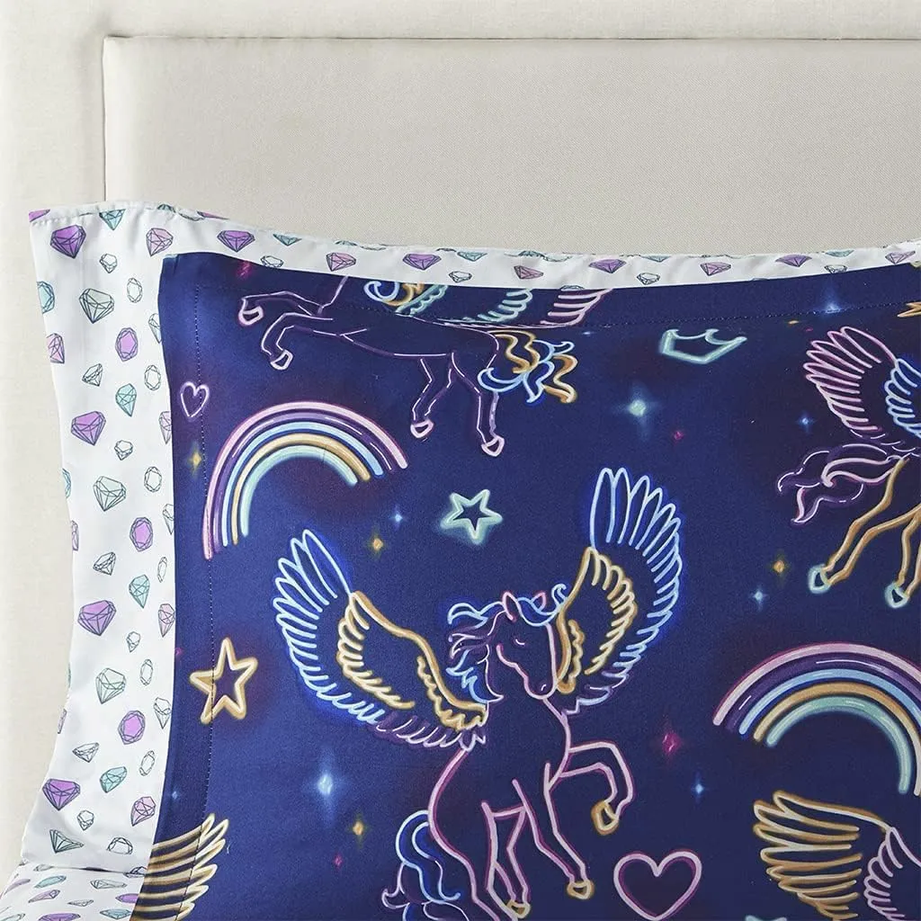 Mi Zone Kids Leah Bed in a Bag Comforter Set Rainbow Pegasus in Space Fantasy Room Décor, All Season, Hypoallergenic, Cozy Cover with Printed Sheet, Matching Sham, Twin, Blue 5 Piece