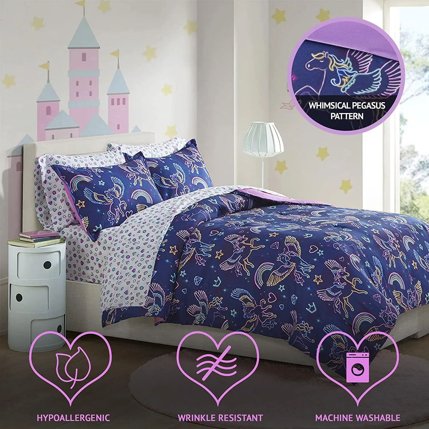 Mi Zone Kids Leah Bed in a Bag Comforter Set Rainbow Pegasus in Space Fantasy Room Décor, All Season, Hypoallergenic, Cozy Cover with Printed Sheet, Matching Sham, Twin, Blue 5 Piece