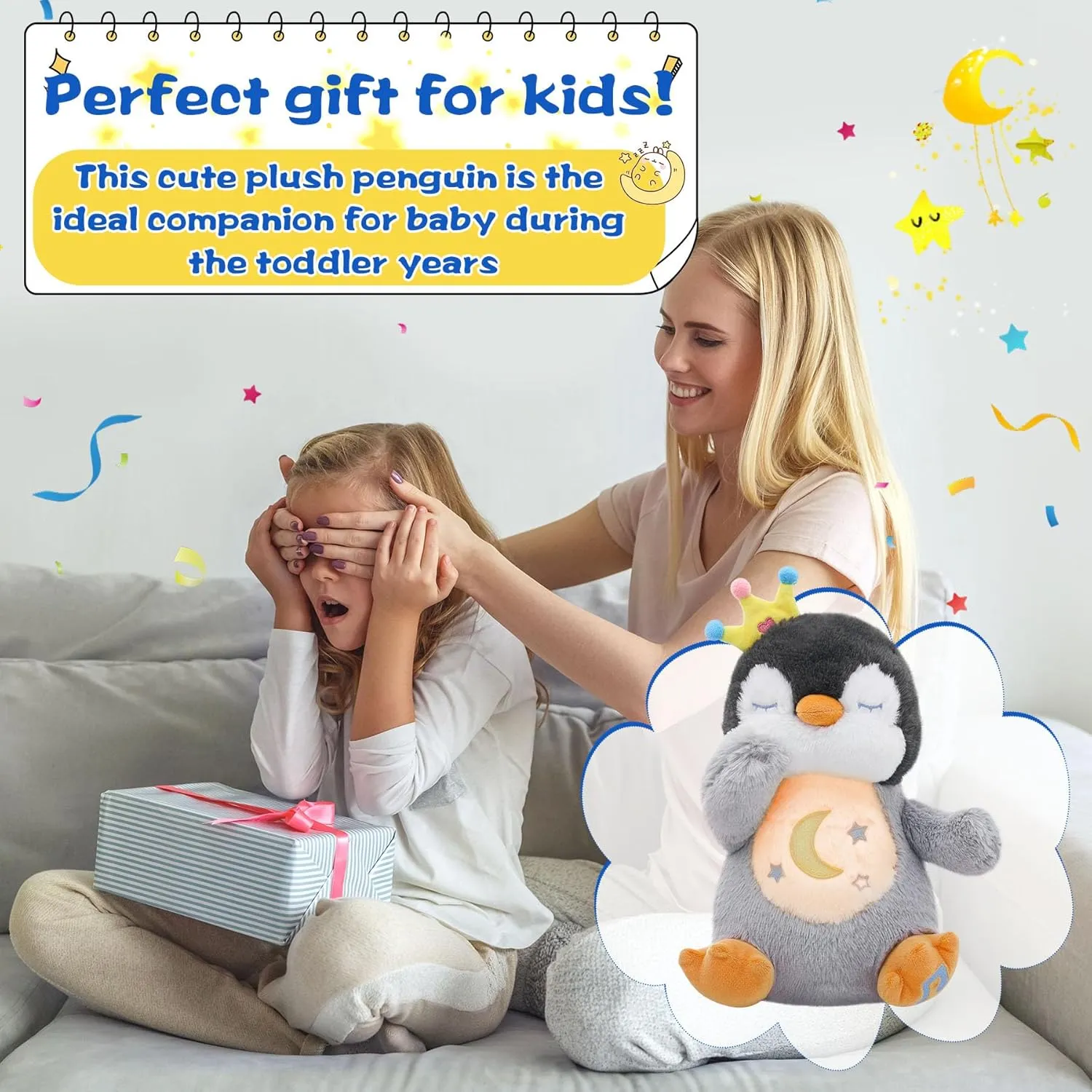 MIAODAM Breathing Stuffed Animal Penguin Plush with Realistic Breathing Action and Lighted Music Perfect for Babies and Kids