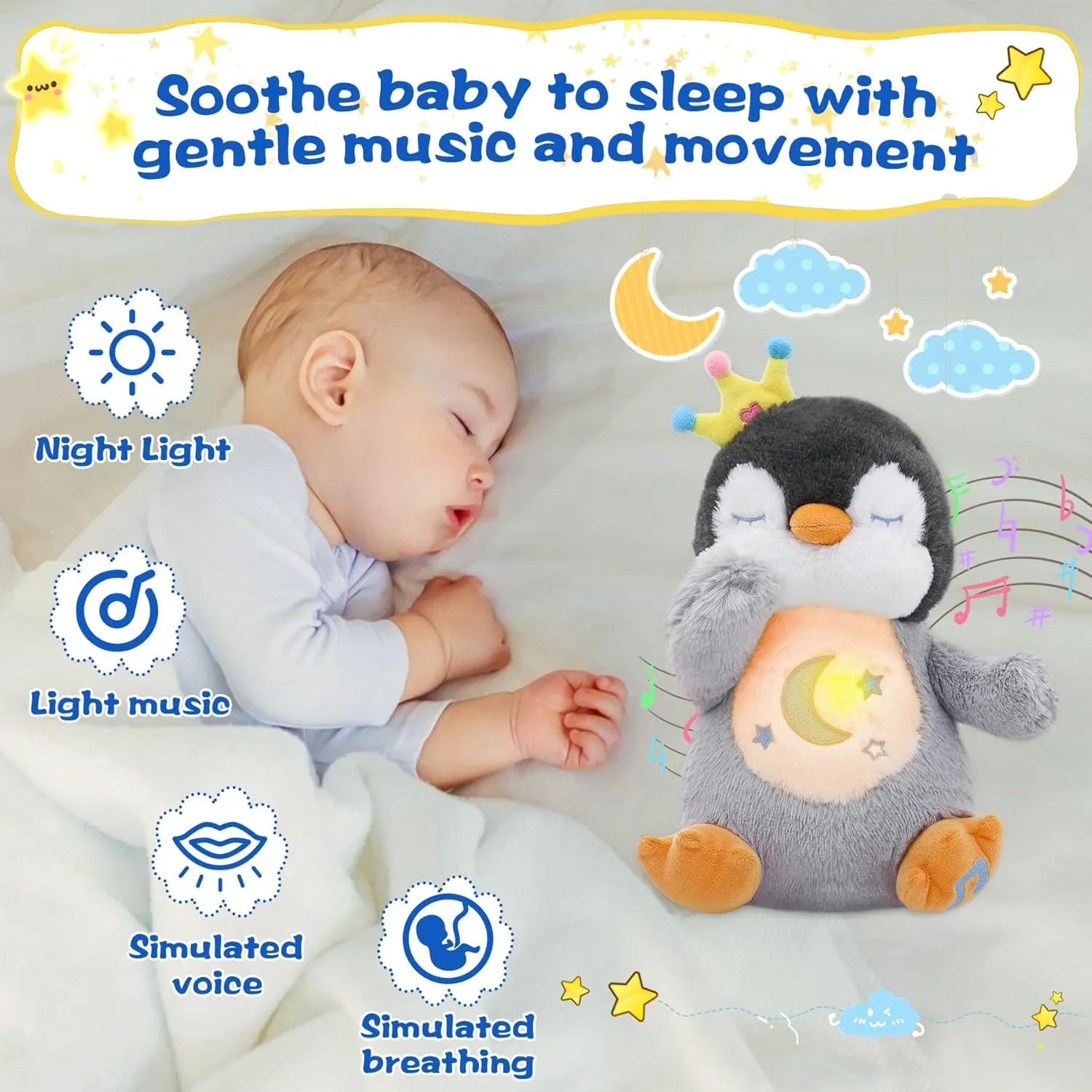 MIAODAM Breathing Stuffed Animal Penguin Plush with Realistic Breathing Action and Lighted Music Perfect for Babies and Kids