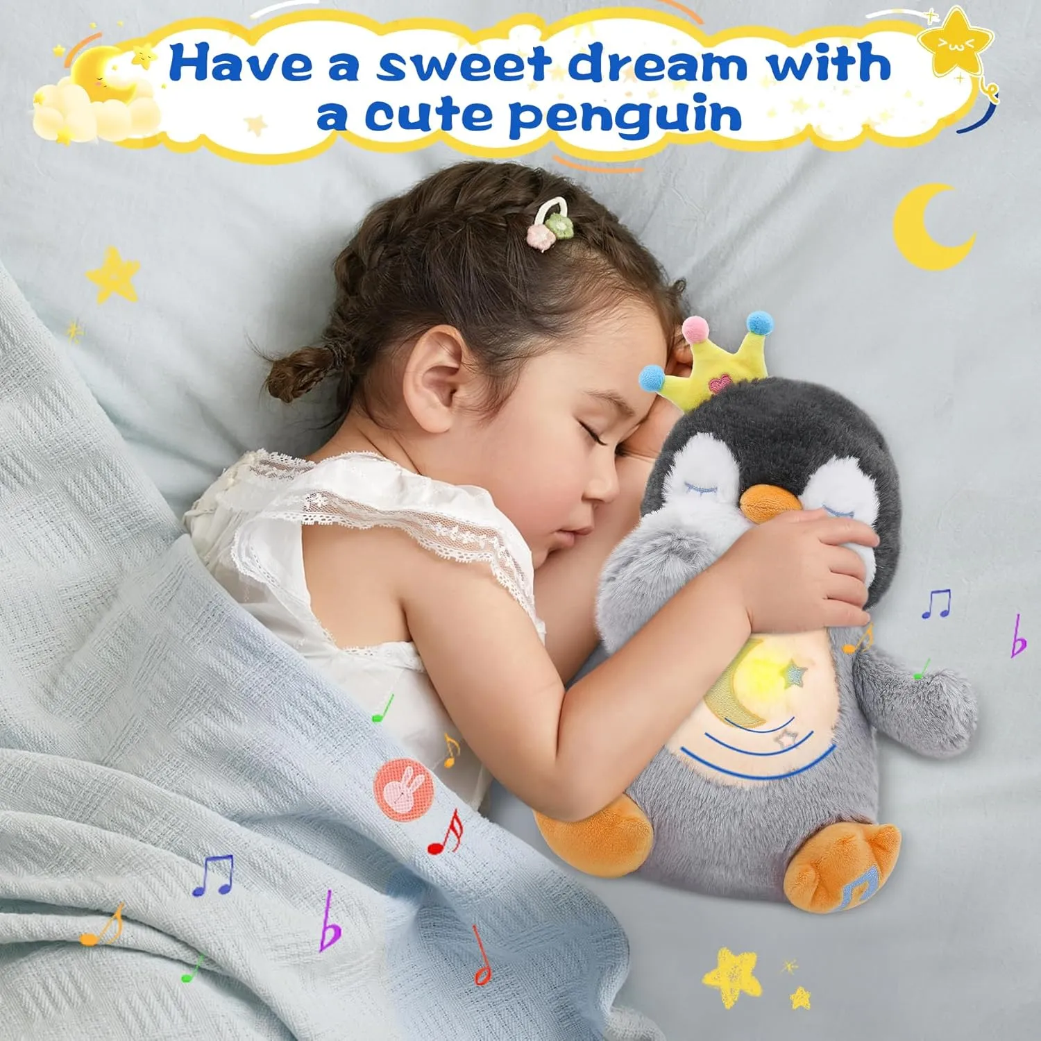 MIAODAM Breathing Stuffed Animal Penguin Plush with Realistic Breathing Action and Lighted Music Perfect for Babies and Kids