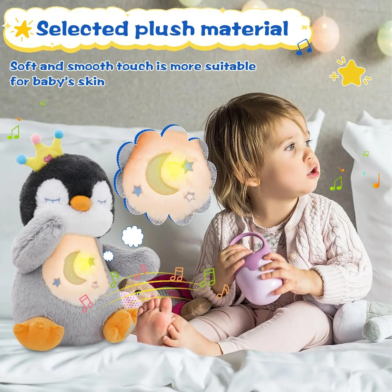 MIAODAM Breathing Stuffed Animal Penguin Plush with Realistic Breathing Action and Lighted Music Perfect for Babies and Kids