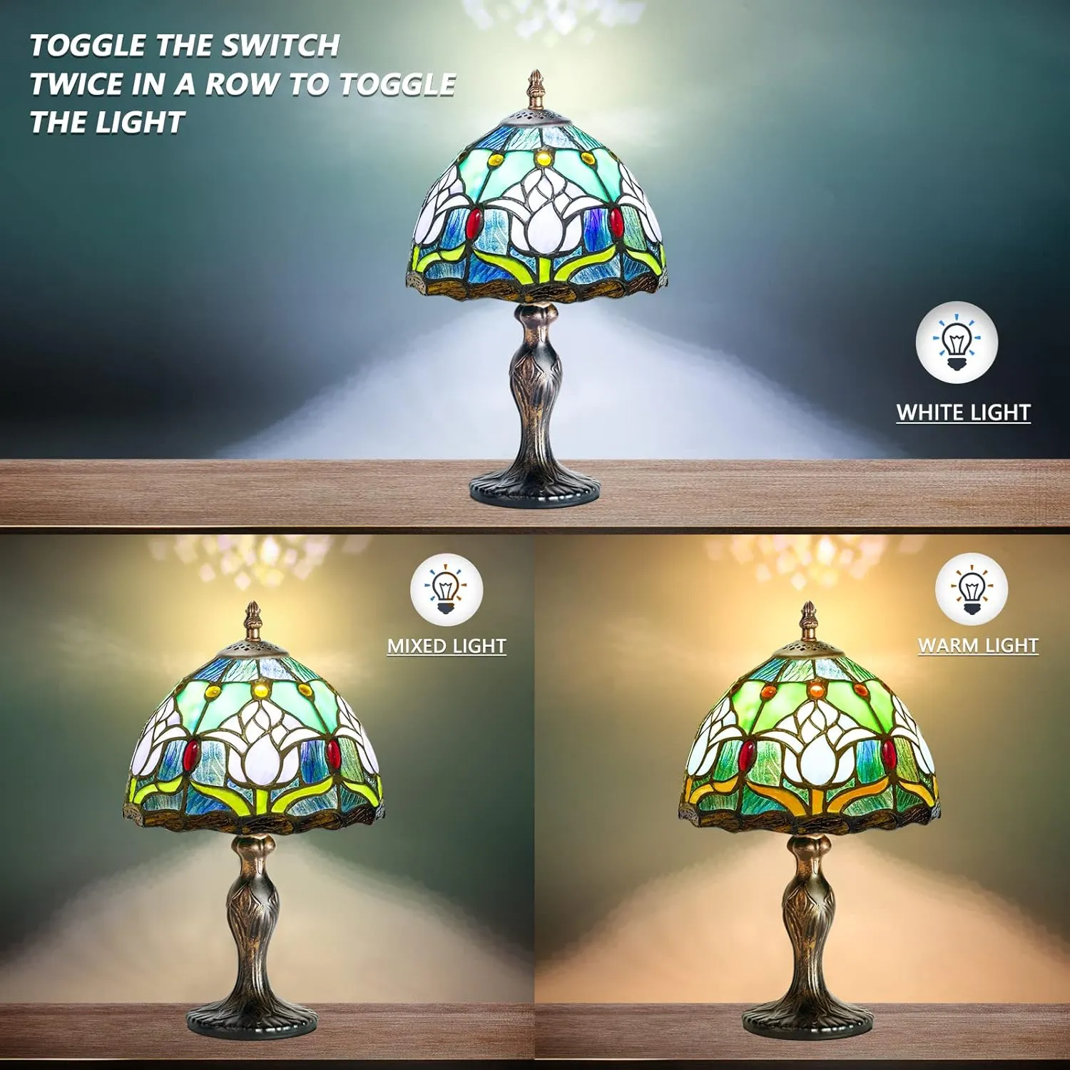 MIAOKE Tiffany Table Lamp Stained Glass Crystal Bead Style Table Light, Handmade Desk Bedside Table Night Lamp, Antique Art Craft Gifts Lover Kid Living Room Bedroom Study Bookcase Desk Ligh (Blue)