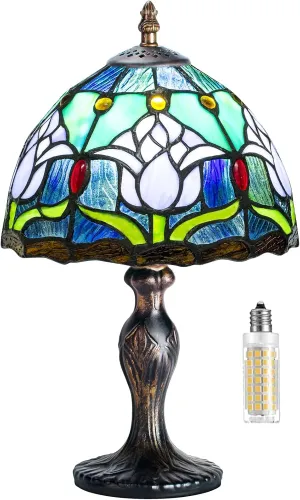 MIAOKE Tiffany Table Lamp Stained Glass Crystal Bead Style Table Light, Handmade Desk Bedside Table Night Lamp, Antique Art Craft Gifts Lover Kid Living Room Bedroom Study Bookcase Desk Ligh (Blue)