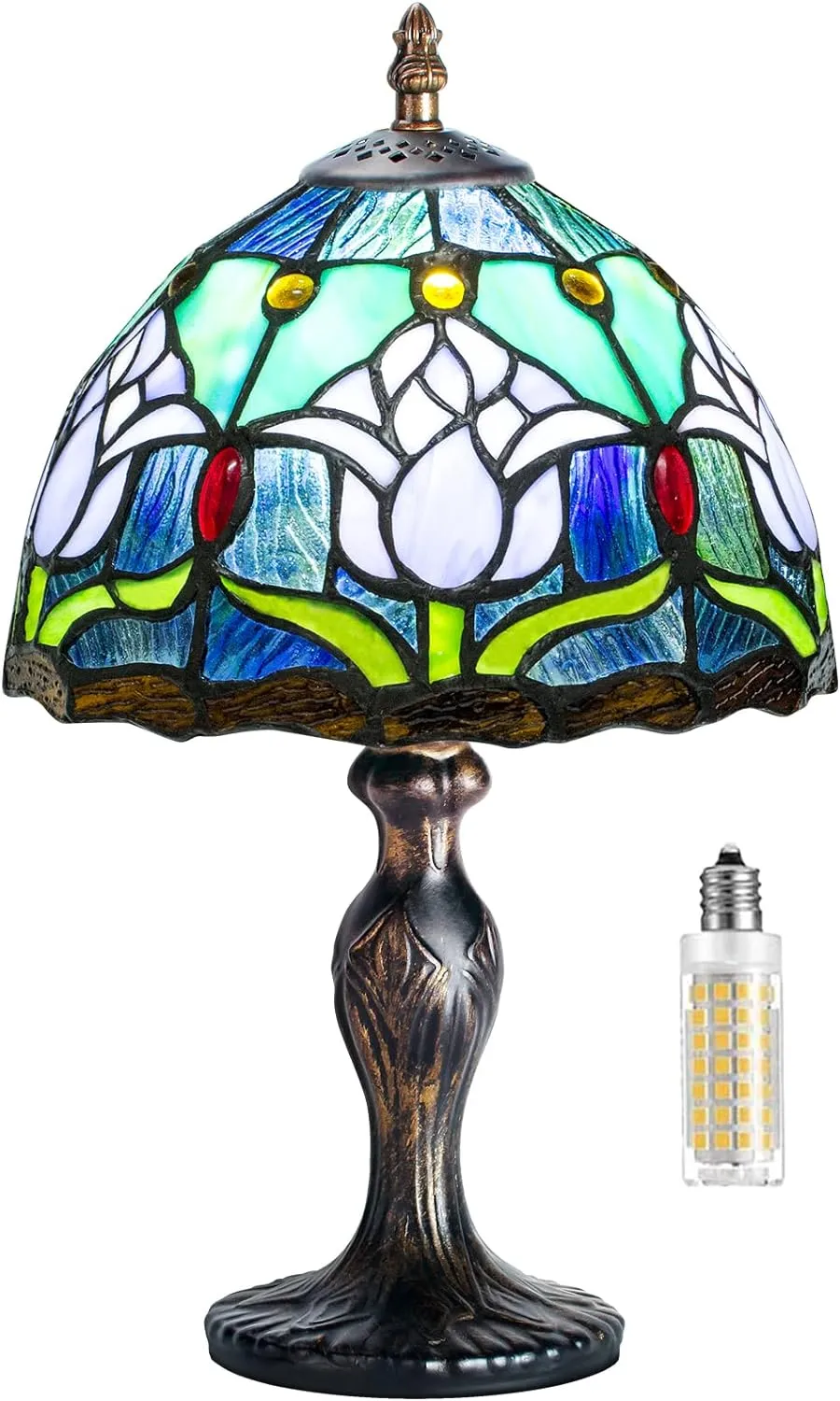 MIAOKE Tiffany Table Lamp Stained Glass Crystal Bead Style Table Light, Handmade Desk Bedside Table Night Lamp, Antique Art Craft Gifts Lover Kid Living Room Bedroom Study Bookcase Desk Ligh (Blue)