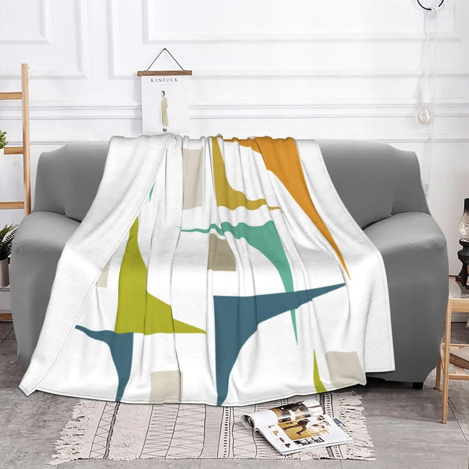 Mid Century Modern Colorful Geometric Retro 50"X40" Flannel Blanket - 100% Soft Polyester, Lightweight and Warm, Suitable for Families, Camping, Travel