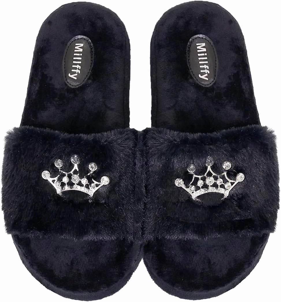 Millffy Plush Fluffy Slippers Princess Crown Bling Bling Diamond crown jewelry Ladies Shoes Pink Girl Home Slippers