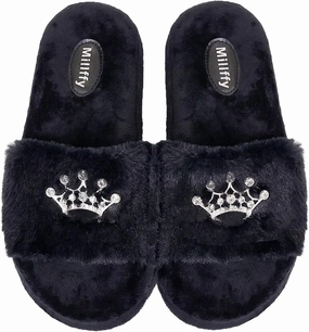 Millffy Plush Fluffy Slippers Princess Crown Bling Bling Diamond crown jewelry Ladies Shoes Pink Girl Home Slippers