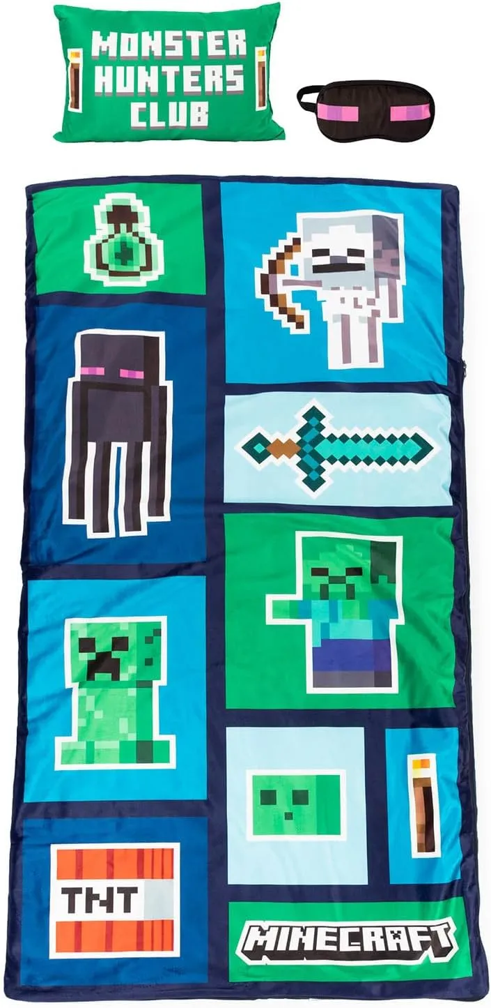 Minecraft Creeper 3 Piece Sleepover Set - Cozy & Warm Slumber Bag with Pillow & Eye Mask (Official Minecraft Product)