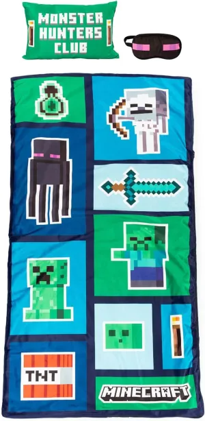 Minecraft Creeper 3 Piece Sleepover Set - Cozy & Warm Slumber Bag with Pillow & Eye Mask (Official Minecraft Product)