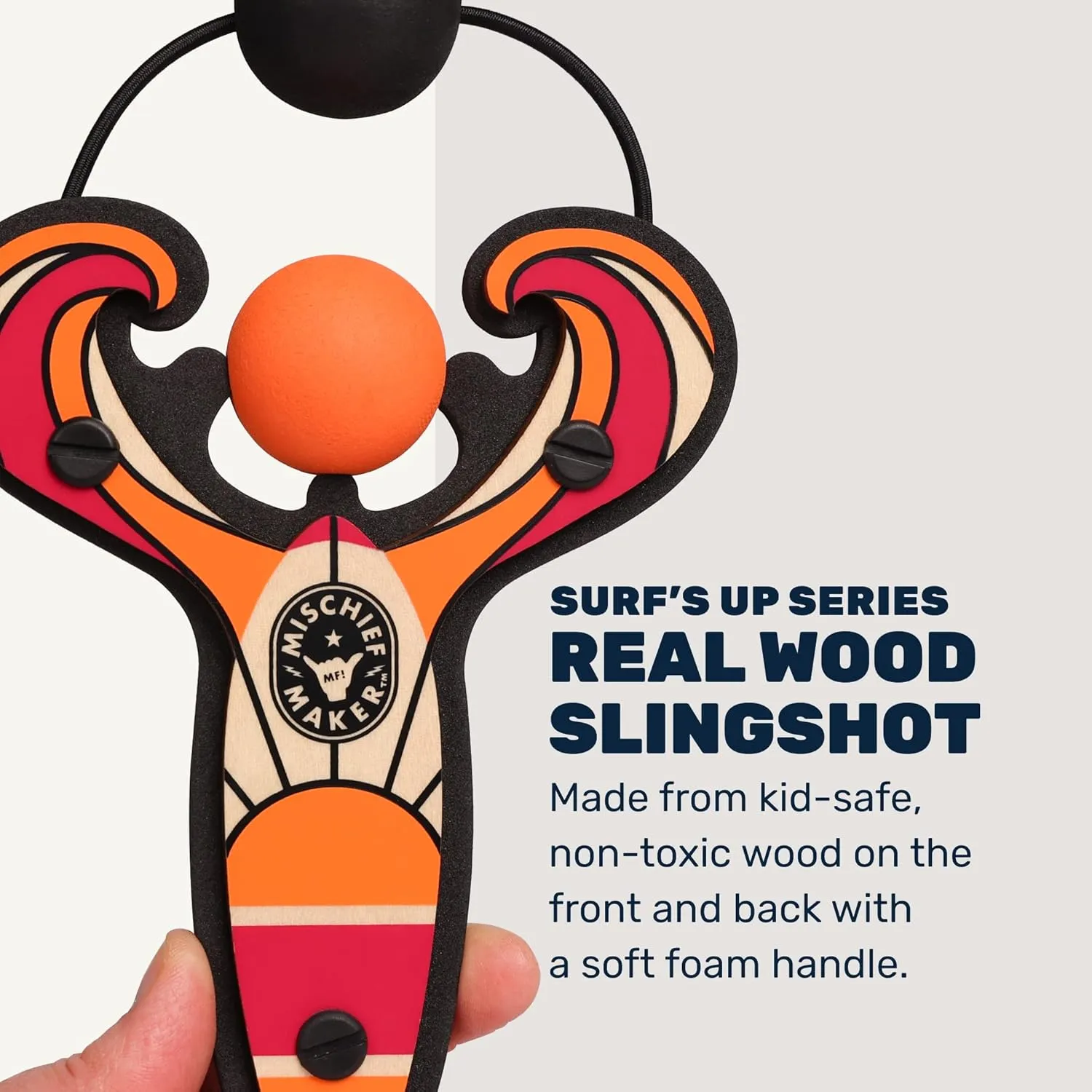 Mischief Maker® Wooden Slingshot - Surf’s Up Series - Real Wood Slingshot for Kids, 4 Soft Foam Balls and Storage Bag - Ages 4 