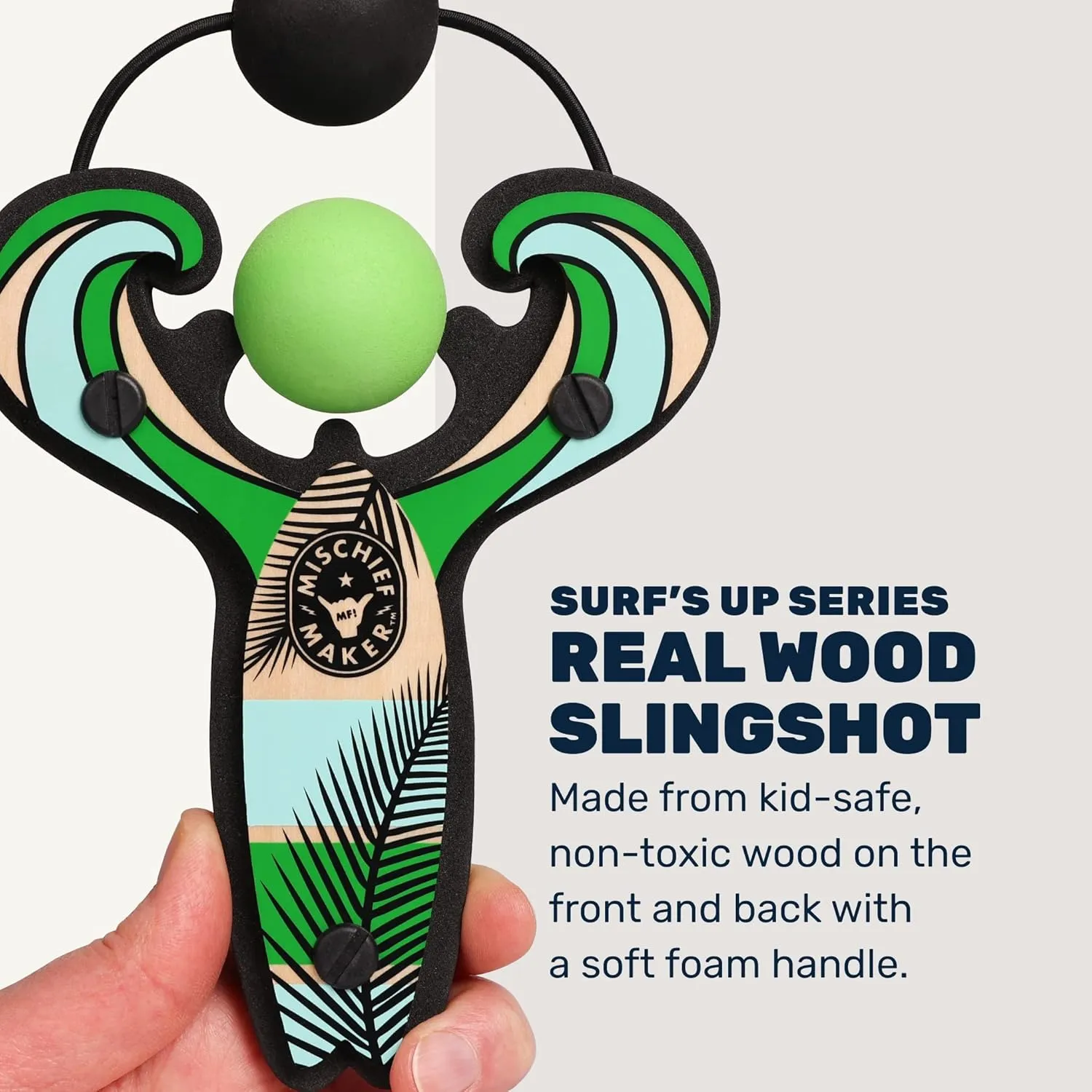 Mischief Maker® Wooden Slingshot - Surf’s Up Series - Real Wood Slingshot for Kids, 4 Soft Foam Balls and Storage Bag - Ages 4 