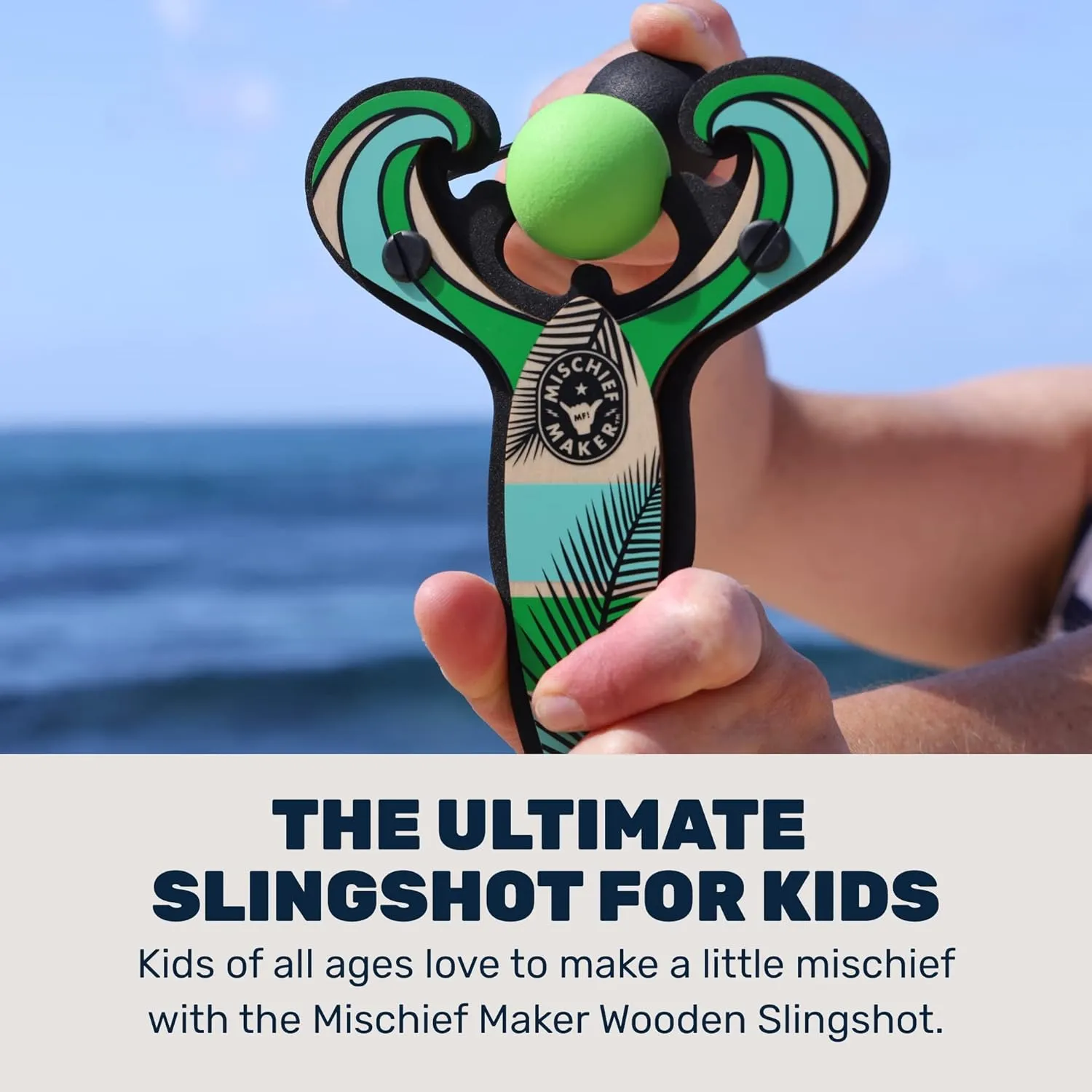 Mischief Maker® Wooden Slingshot - Surf’s Up Series - Real Wood Slingshot for Kids, 4 Soft Foam Balls and Storage Bag - Ages 4 