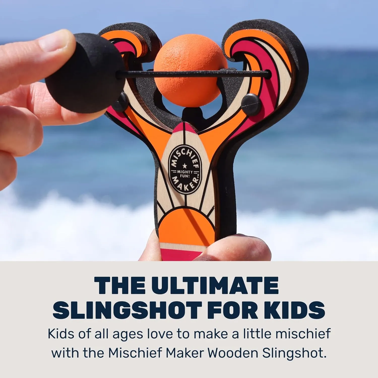 Mischief Maker® Wooden Slingshot - Surf’s Up Series - Real Wood Slingshot for Kids, 4 Soft Foam Balls and Storage Bag - Ages 4 