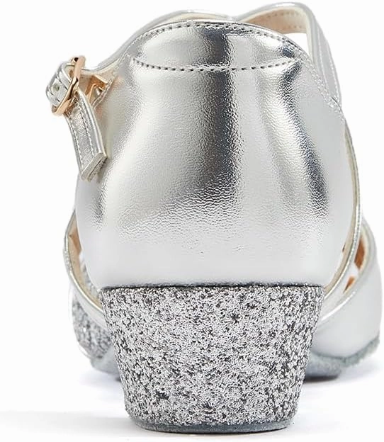 missfiona Girls Soft-Soled Glittering Latin Ballroom Dance Shoes Kids Low Heels