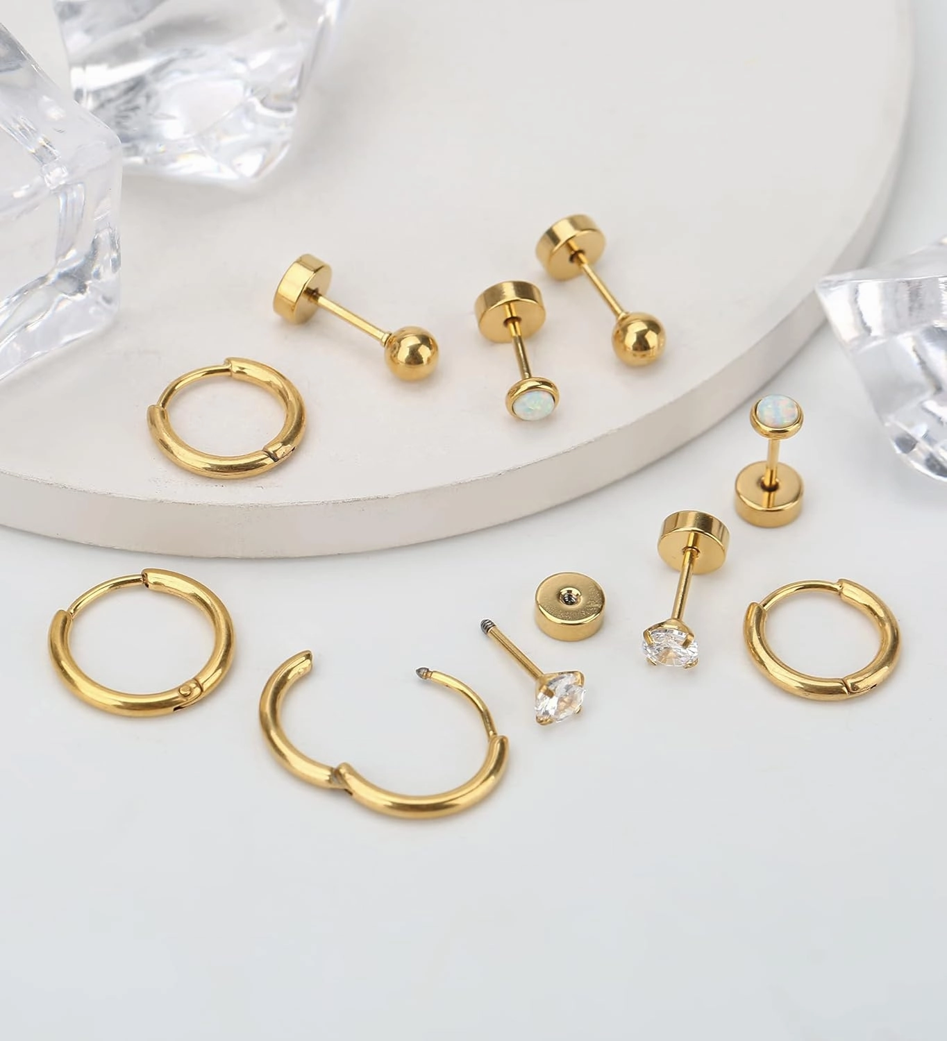 MJust 5 Pairs G23 Titanium Flat Back Earrings for Women & Men with Sensitive Ears – Hypoallergenic 20G Studs & Hoops with CZ, Opal, Pearl Designs for Cartilage