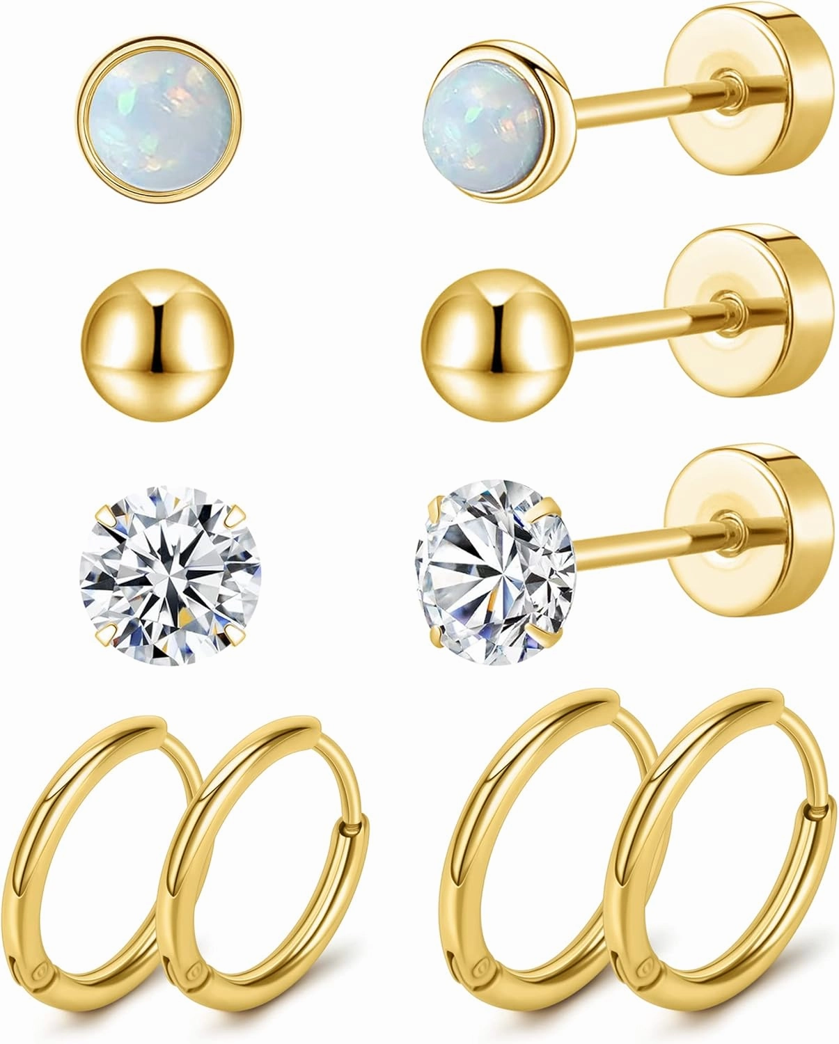 MJust 5 Pairs G23 Titanium Flat Back Earrings for Women & Men with Sensitive Ears – Hypoallergenic 20G Studs & Hoops with CZ, Opal, Pearl Designs for Cartilage