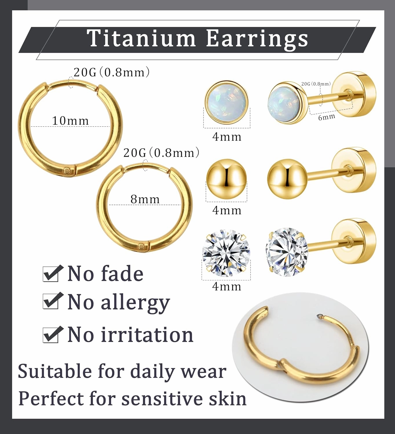 MJust 5 Pairs G23 Titanium Flat Back Earrings for Women & Men with Sensitive Ears – Hypoallergenic 20G Studs & Hoops with CZ, Opal, Pearl Designs for Cartilage