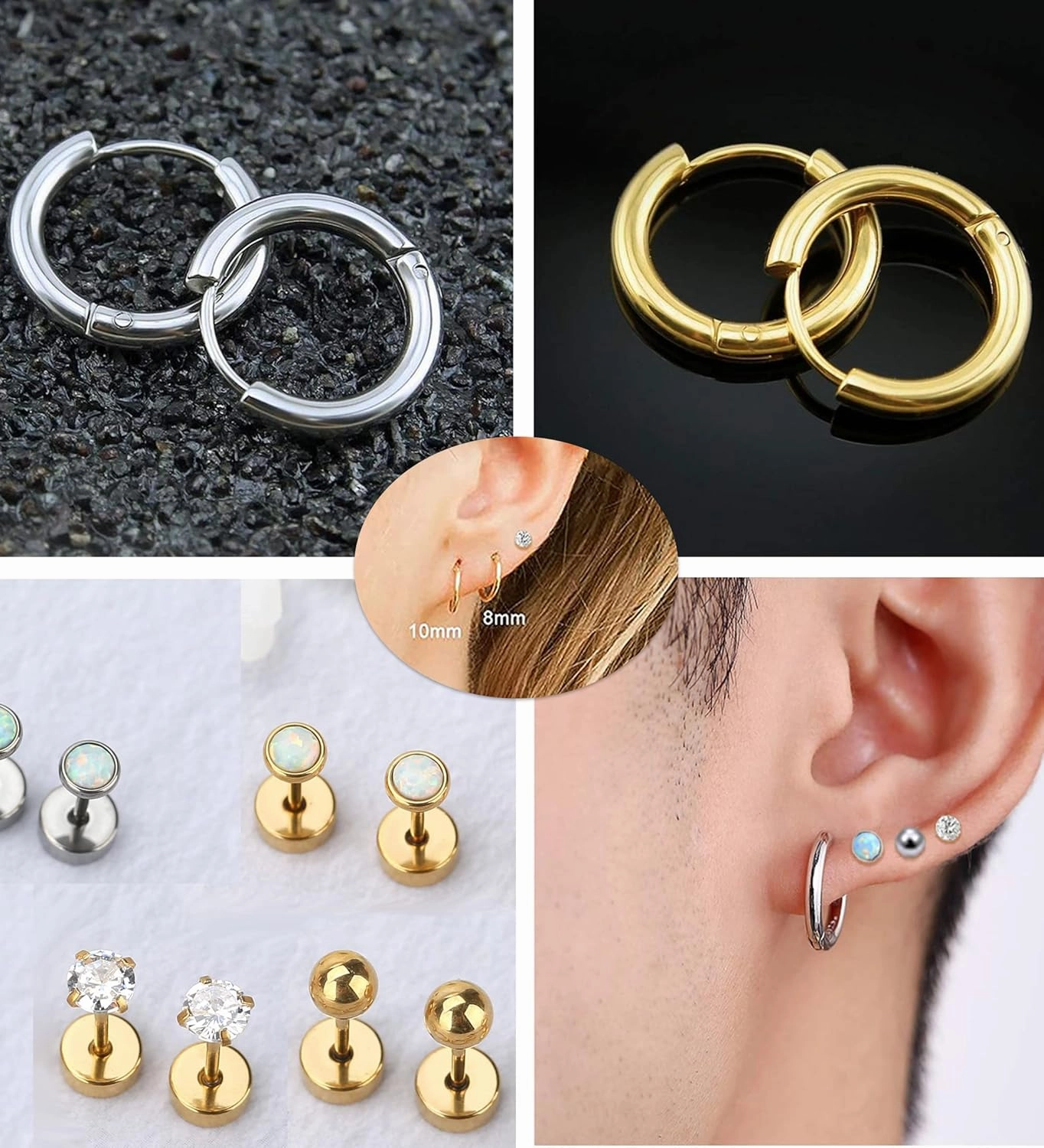 MJust 5 Pairs G23 Titanium Flat Back Earrings for Women & Men with Sensitive Ears – Hypoallergenic 20G Studs & Hoops with CZ, Opal, Pearl Designs for Cartilage