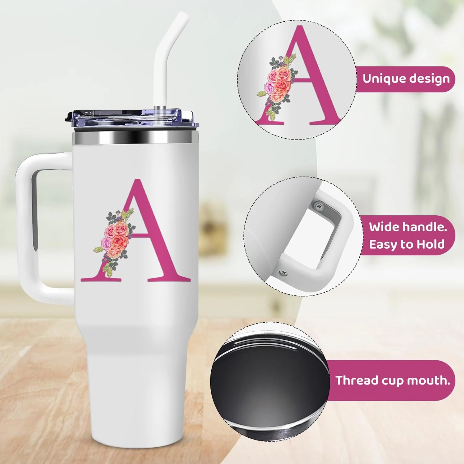 Monogrammed Gifts for Women,Wife,Initial Cup,Personalized for Birthday Gifts,Halloween,Thanks giving Day,Custom Tumbler with Handle 40oz-A