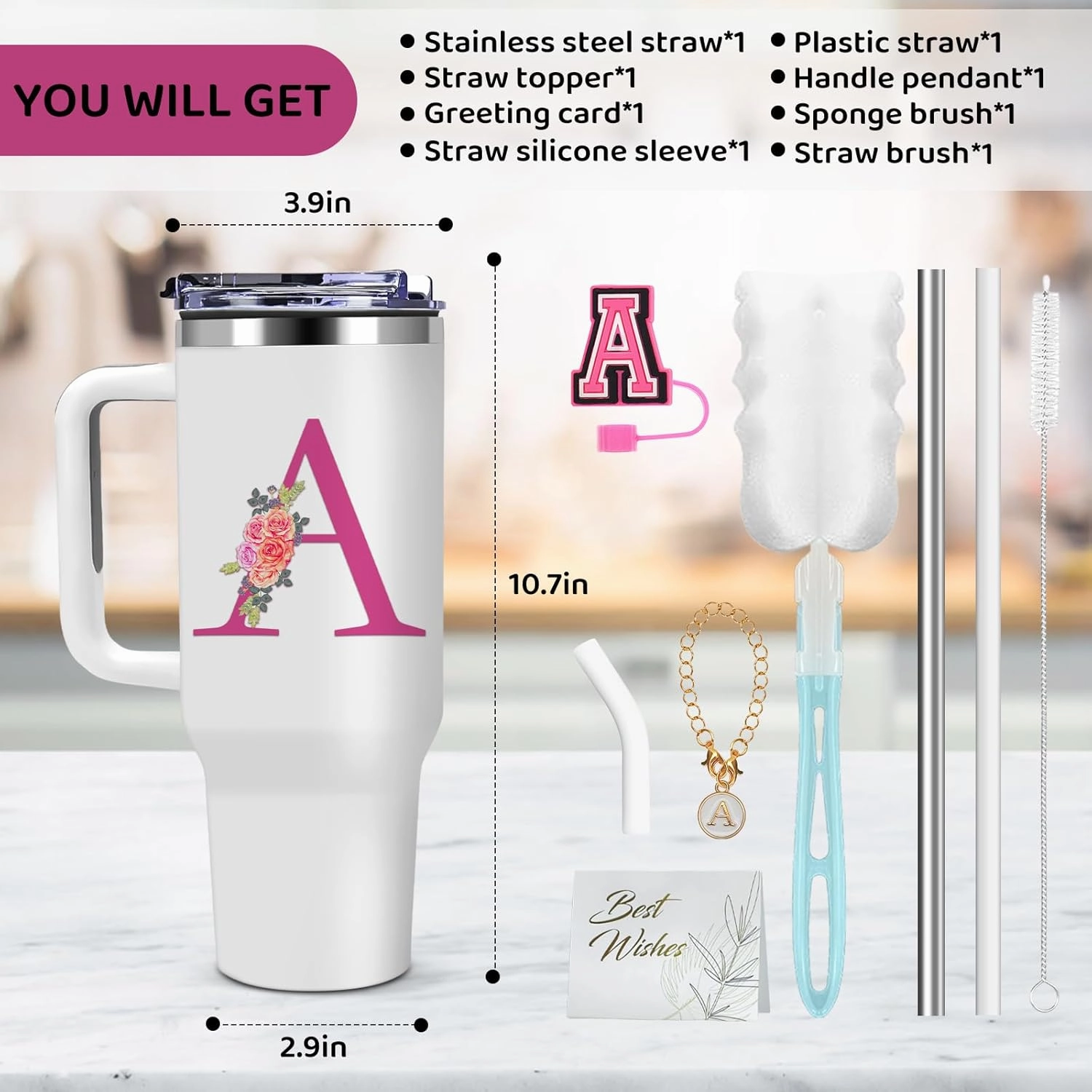 Monogrammed Gifts for Women,Wife,Initial Cup,Personalized for Birthday Gifts,Halloween,Thanks giving Day,Custom Tumbler with Handle 40oz-A