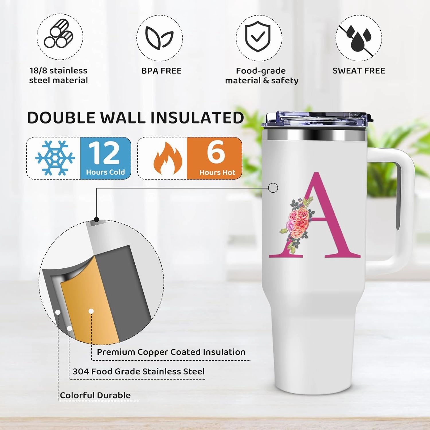 Monogrammed Gifts for Women,Wife,Initial Cup,Personalized for Birthday Gifts,Halloween,Thanks giving Day,Custom Tumbler with Handle 40oz-A