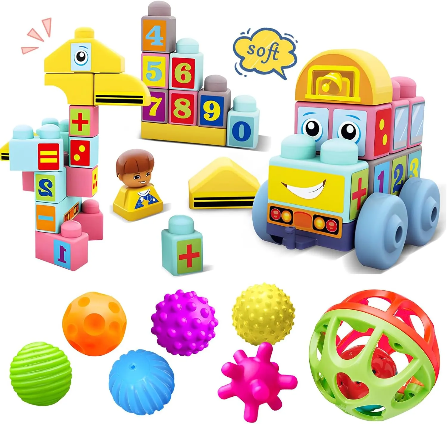 Montessori Sensory Balls & Soft Building Blocks Set for Babies 6-12 Months - Colorful Textured Baby Balls & STEM Toddler Stacking Toys