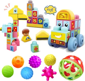 Montessori Sensory Balls & Soft Building Blocks Set for Babies 6-12 Months - Colorful Textured Baby Balls & STEM Toddler Stacking Toys