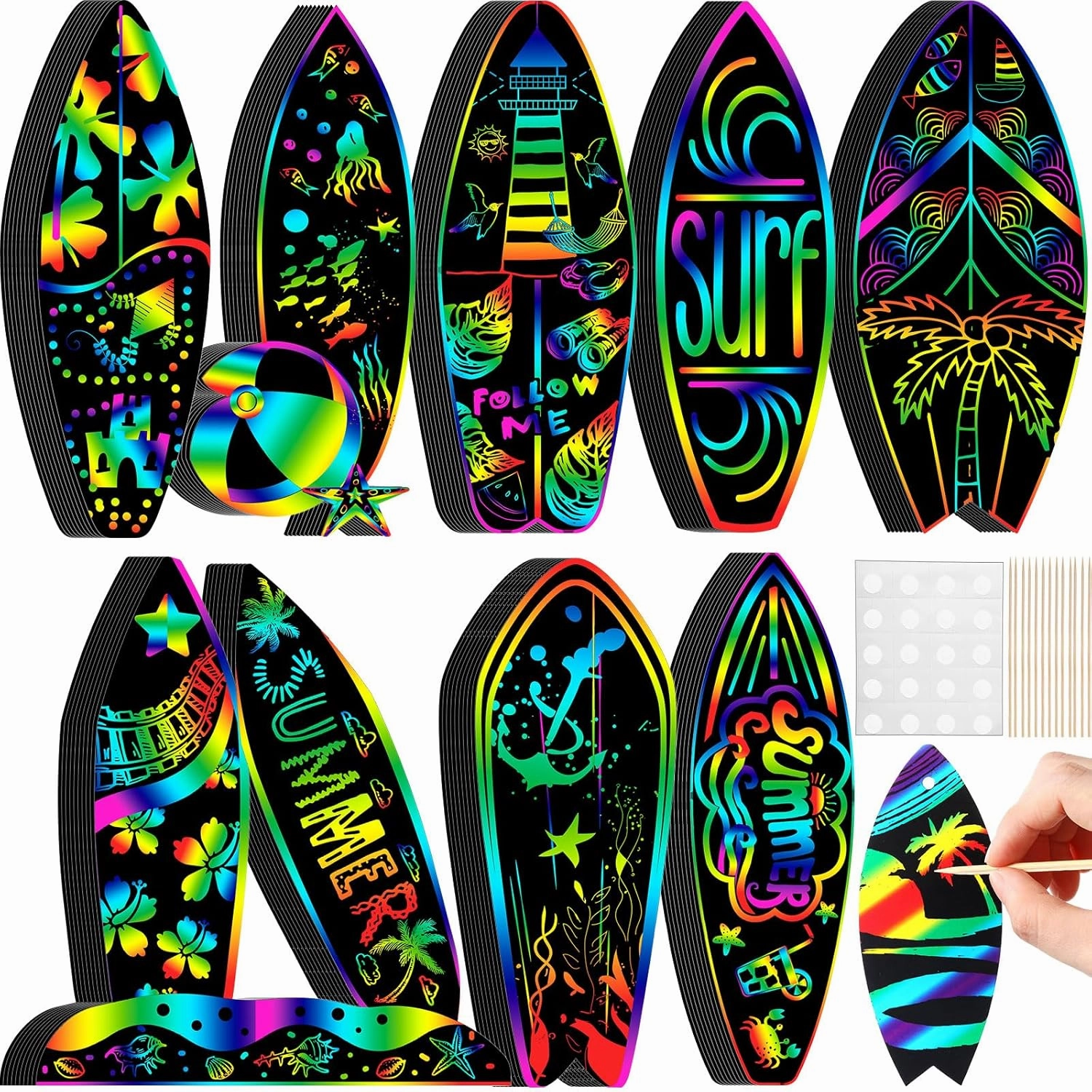 Motionchic 80 Pieces Summer Surfboard Scratch Cards Rainbow Surfing Themed Paper Crafts for Kids Tree Ornament with Wooden Stick and Ribbon for Birthday Party Supplies
