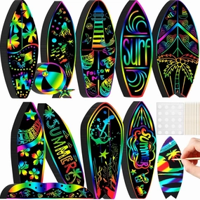 Motionchic 80 Pieces Summer Surfboard Scratch Cards Rainbow Surfing Themed Paper Crafts for Kids Tree Ornament with Wooden Stick and Ribbon for Birthday Party Supplies