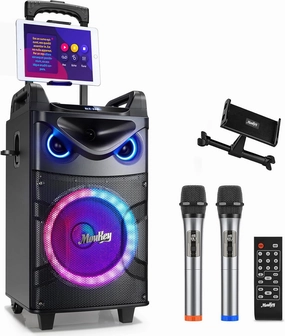 Moukey Karaoke Machine, 10" Woofer Portable PA System, Bluetooth Speaker with 2 Wireless Microphones, Lyrics Display Tablet Holder, Party Lights & Echo/Treble/Bass Adjustment Support REC/AUX/USB/TF