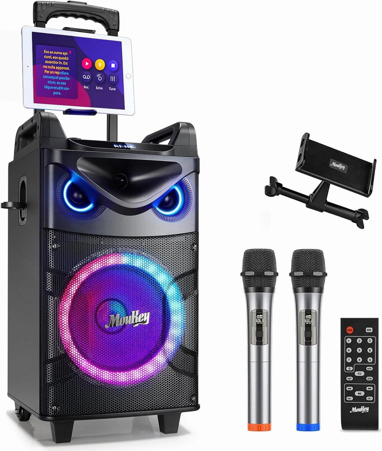 Moukey Karaoke Machine, 10" Woofer Portable PA System, Bluetooth Speaker with 2 Wireless Microphones, Lyrics Display Tablet Holder, Party Lights & Echo/Treble/Bass Adjustment Support REC/AUX/USB/TF