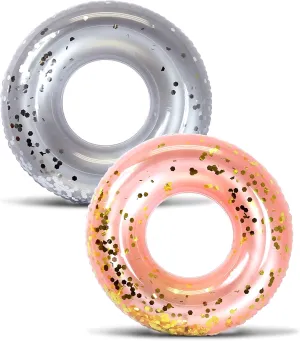 Mozlly Bundle of Silver & Rose Gold Inflatable Pool Float Tubes Set of 2 - Premium Confetti Swim Rings Floaters (36"), Vinyl Water Tube, Fun Pool Toys for Beach, Lake, Party, Vacation, Decor - 2 Pack
