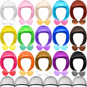 MTLEE 16 Pack Party Wigs and Sunglass Set Colorful Party Wigs Neon Short Bob Hair Funky Hairpieces with Rimless Heart Shape Sunglasses for Bachelorette Neon Cosplay Favors Supplies