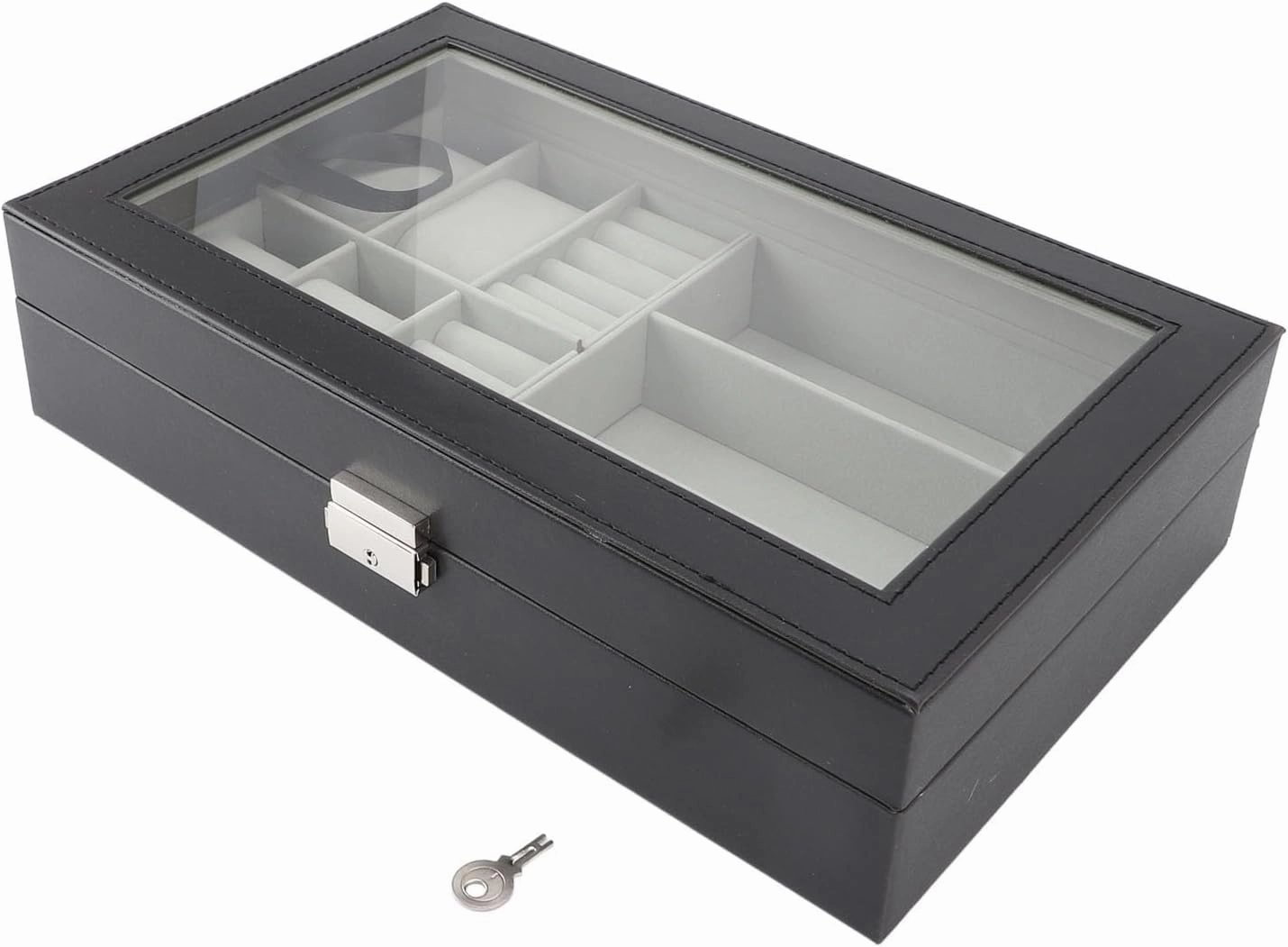 Multifunctional Jewelry Storage Box with 4 Watch Slots, 3 Glasses Compartments, Ring Layer, Design, Made of Durable PVC Leather, Ideal for Organizing