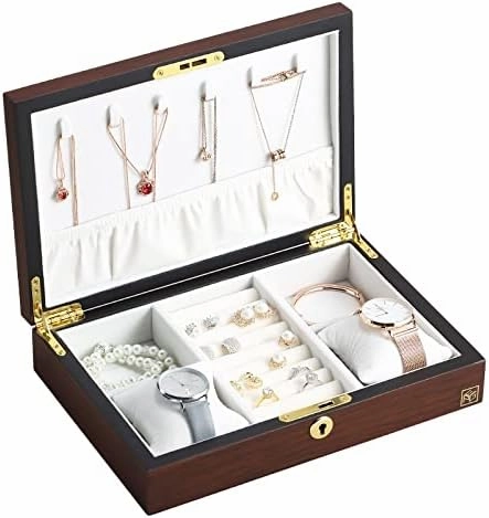 MUSUMI Jewelry Box Luxury Large Wood Jewelry Box Jewellery Storage Case Casket Wooden Velvet Necklace Ring Earring Watch Organizer Jewelry Boxes and Organizers (Dark Red Wood)