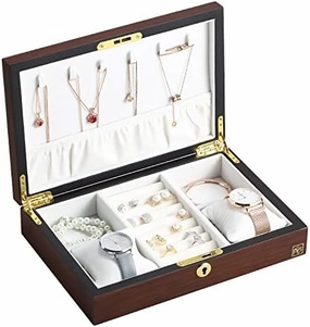 MUSUMI Jewelry Box Luxury Large Wood Jewelry Box Jewellery Storage Case Casket Wooden Velvet Necklace Ring Earring Watch Organizer Jewelry Boxes and Organizers (Dark Red Wood)