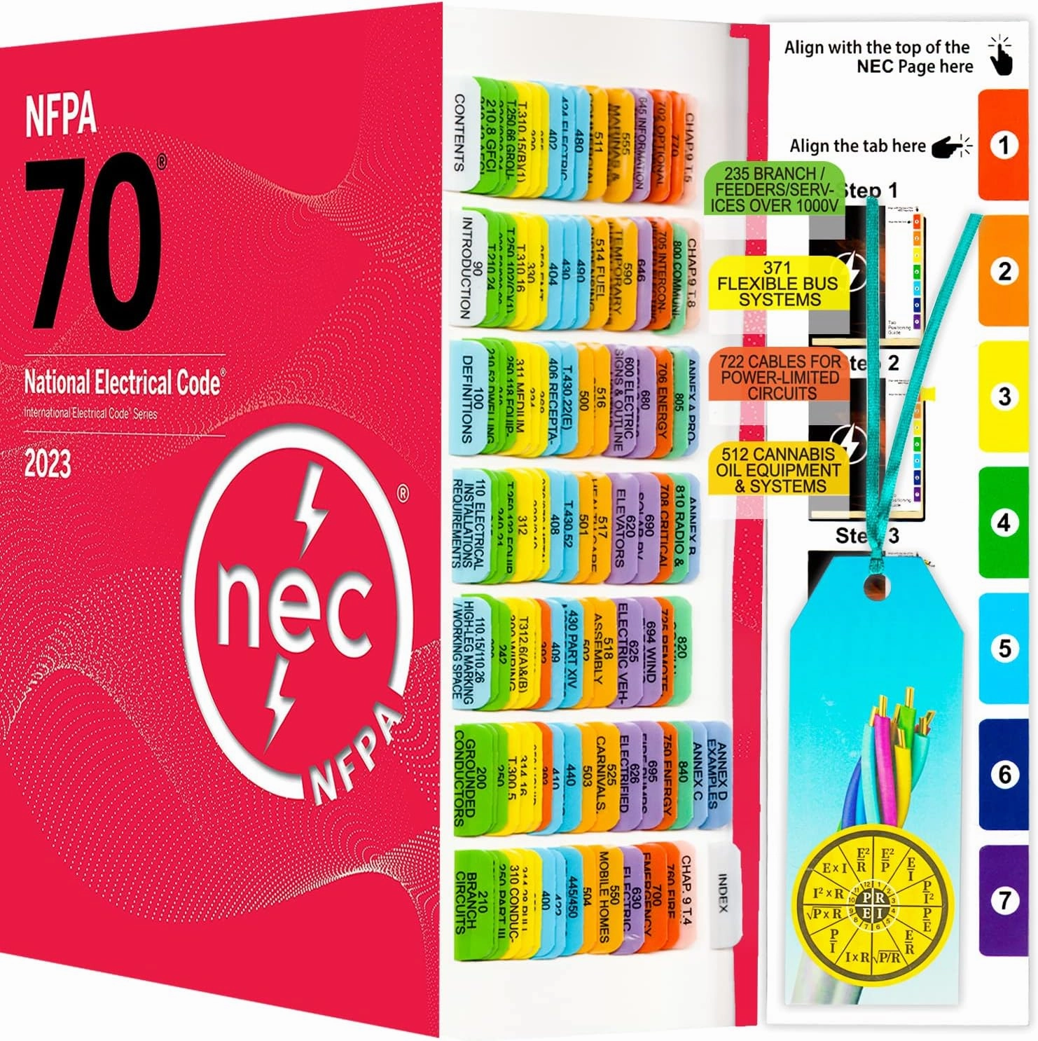 National Electrical Code 2023 N.E.C Code Book Tabs (Book not Included) 112 Laminated Clear PVC Color Coded with Important Electrical Equations and Ohm's Law Stickers, Alignment Guide and Bookmarker