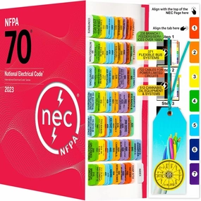 National Electrical Code 2023 N.E.C Code Book Tabs (Book not Included) 112 Laminated Clear PVC Color Coded with Important Electrical Equations and Ohm's Law Stickers, Alignment Guide and Bookmarker