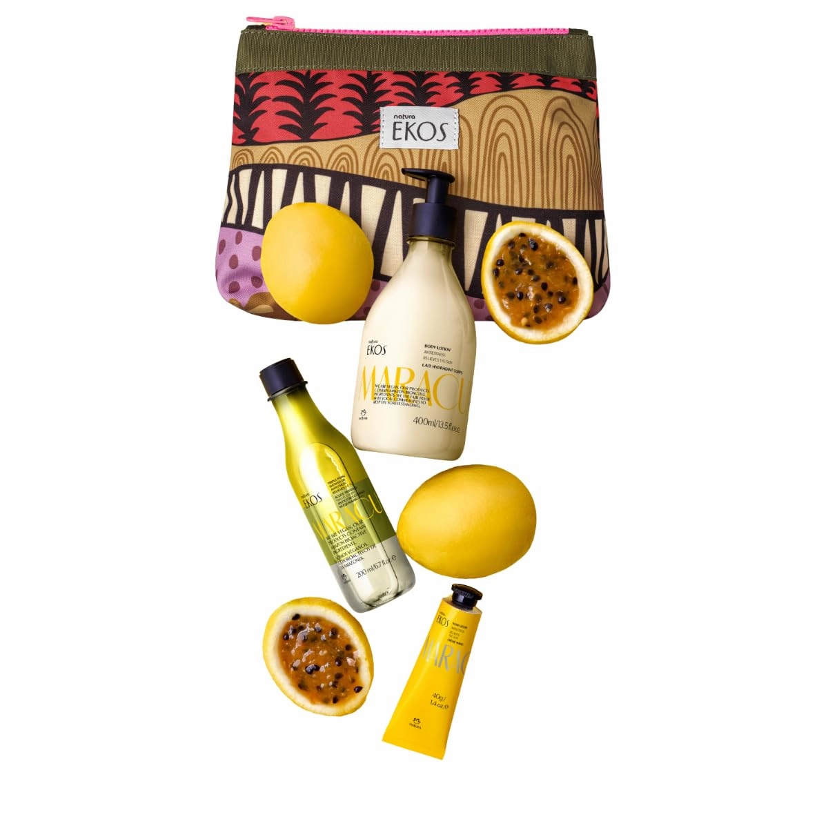 natura Ekos Maracujá Soothing Ritual Gift Set (3 Products) - Body Lotion, Shower Oil and Hand Cream - Gift Box and Make Up Bag - Vegan Skincare - Brazilian Beauty Secrets - Self Care & Body Care