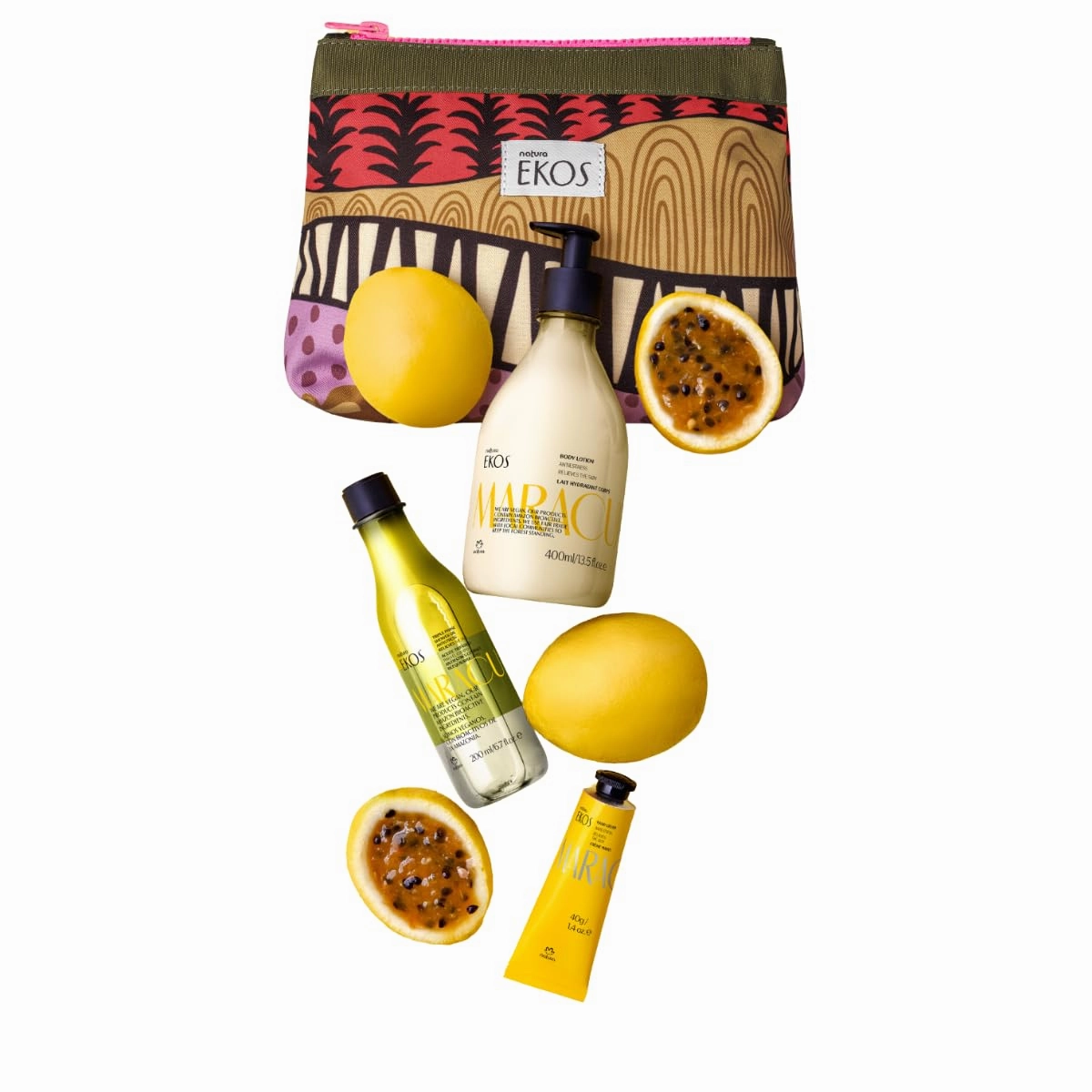 natura Ekos Maracujá Soothing Ritual Gift Set (3 Products) - Body Lotion, Shower Oil and Hand Cream - Gift Box and Make Up Bag - Vegan Skincare - Brazilian Beauty Secrets - Self Care & Body Care