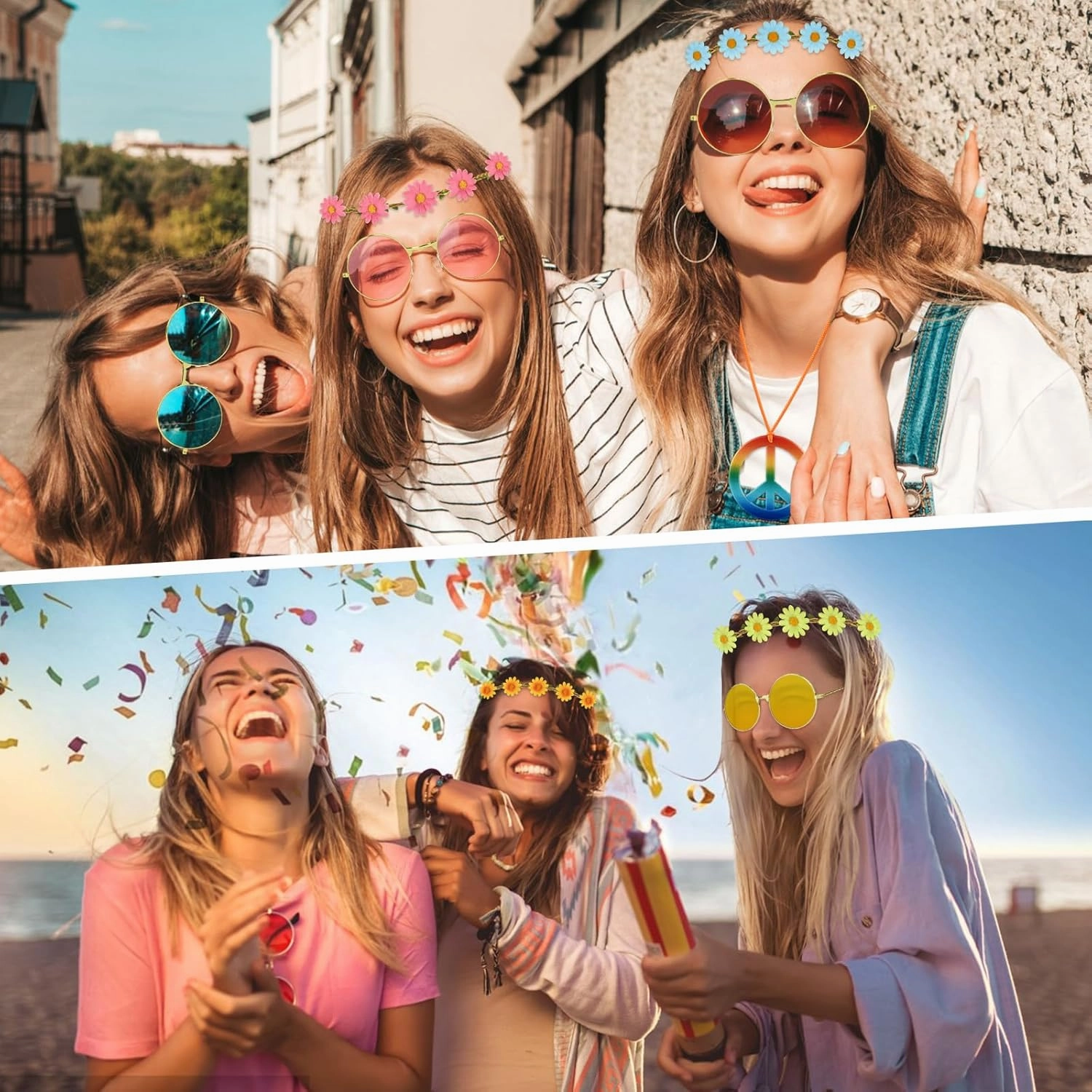 NEBURORA 30Pcs Hippie Accessories 60s 70s Hippie Costume Accessories Set Daisy Headband Peace Sign Necklaces Hippie Sunglasses Costume Supplies for Carnival Party