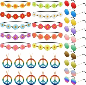 NEBURORA 30Pcs Hippie Accessories 60s 70s Hippie Costume Accessories Set Daisy Headband Peace Sign Necklaces Hippie Sunglasses Costume Supplies for Carnival Party