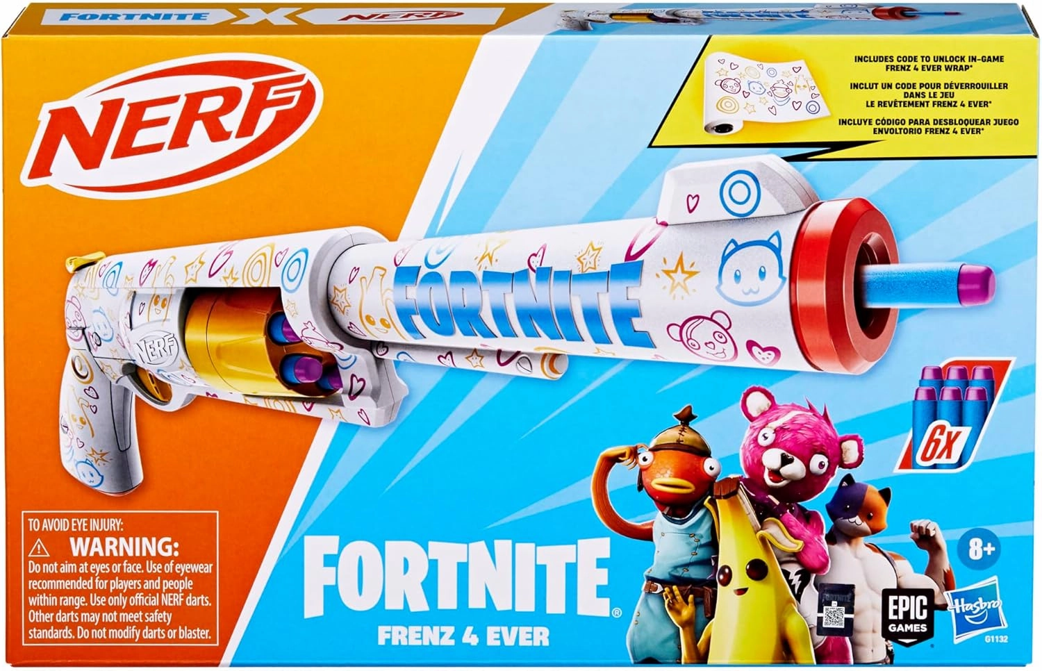Nerf Fortnite Frenz 4 Ever Blaster, Bonus Code to Unlock Frenz 4 Ever Wrap in The Game, 6 Elite Darts, 6-Dart Drum, Fortnite Gifts