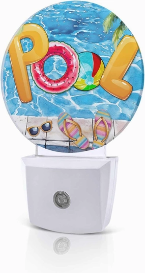 Night Lights Auto Sensor Summer Pool Night Light Swimming Ring Slippers Round Lamp Plug-in LED Nightlights Dusk to Dawn for Living Room Bedroom Bathroom Hallway Home Wall Decor