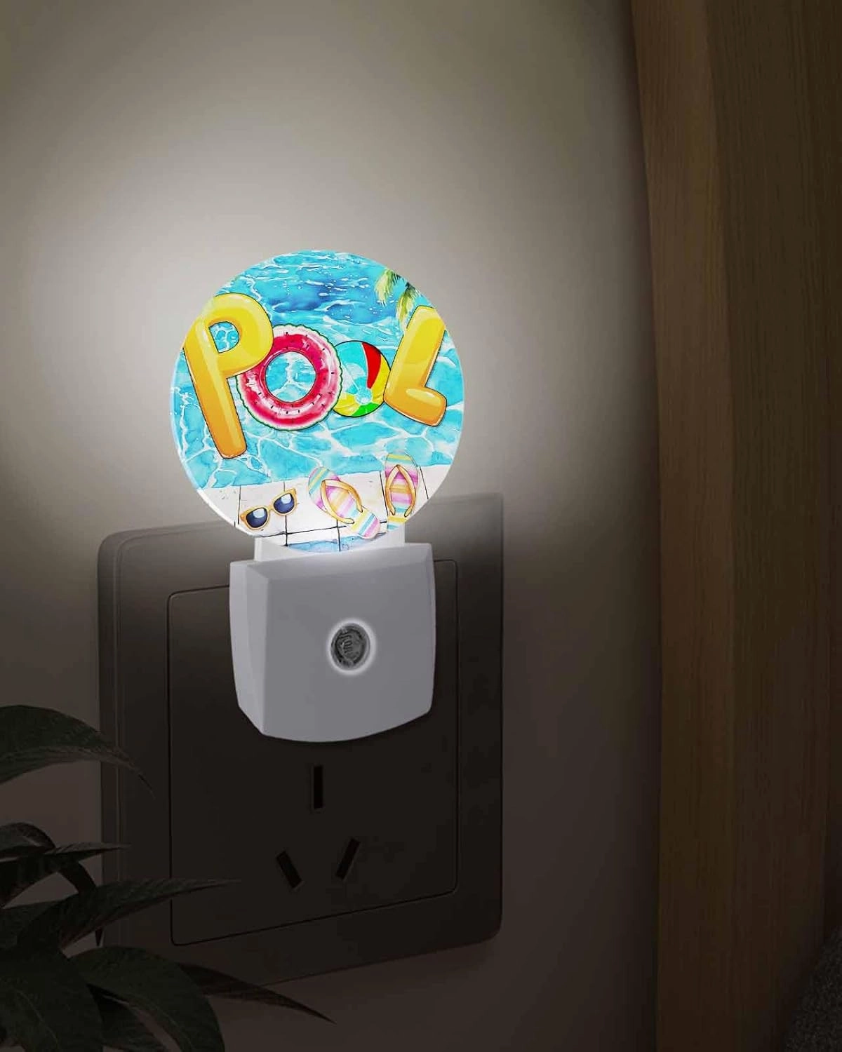 Night Lights Auto Sensor Summer Pool Night Light Swimming Ring Slippers Round Lamp Plug-in LED Nightlights Dusk to Dawn for Living Room Bedroom Bathroom Hallway Home Wall Decor