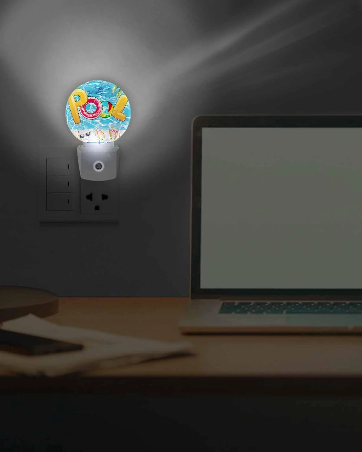 Night Lights Auto Sensor Summer Pool Night Light Swimming Ring Slippers Round Lamp Plug-in LED Nightlights Dusk to Dawn for Living Room Bedroom Bathroom Hallway Home Wall Decor