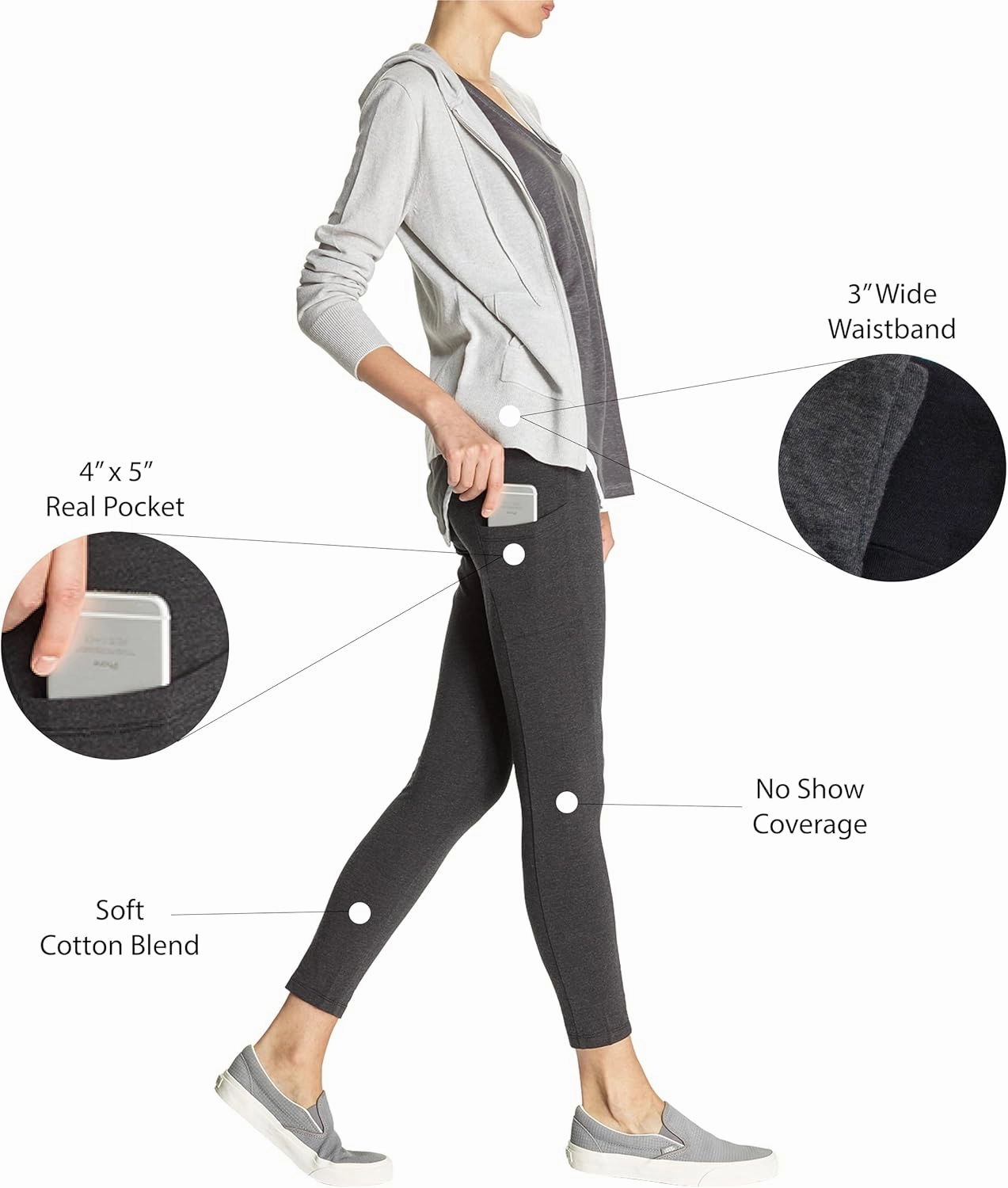No Nonsense Women's Soft Cotton Leggings with Side Pockets Workout Stretch Pull On Pants