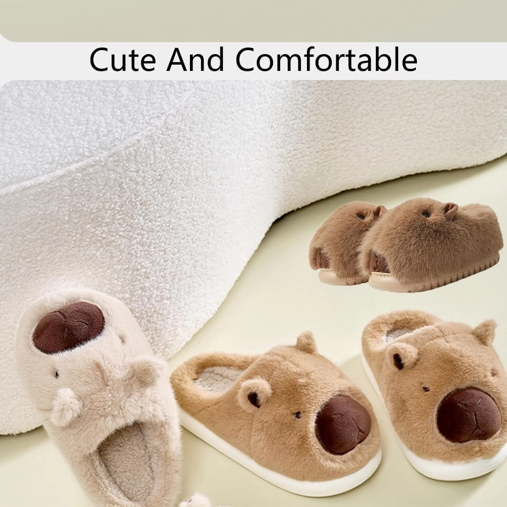 Novelty With Ears Capybara Slippers, Cozy House Shoes Fall and Winter Indoor Outdoor for Women, Warm Funny Animal Soft Plush Slides